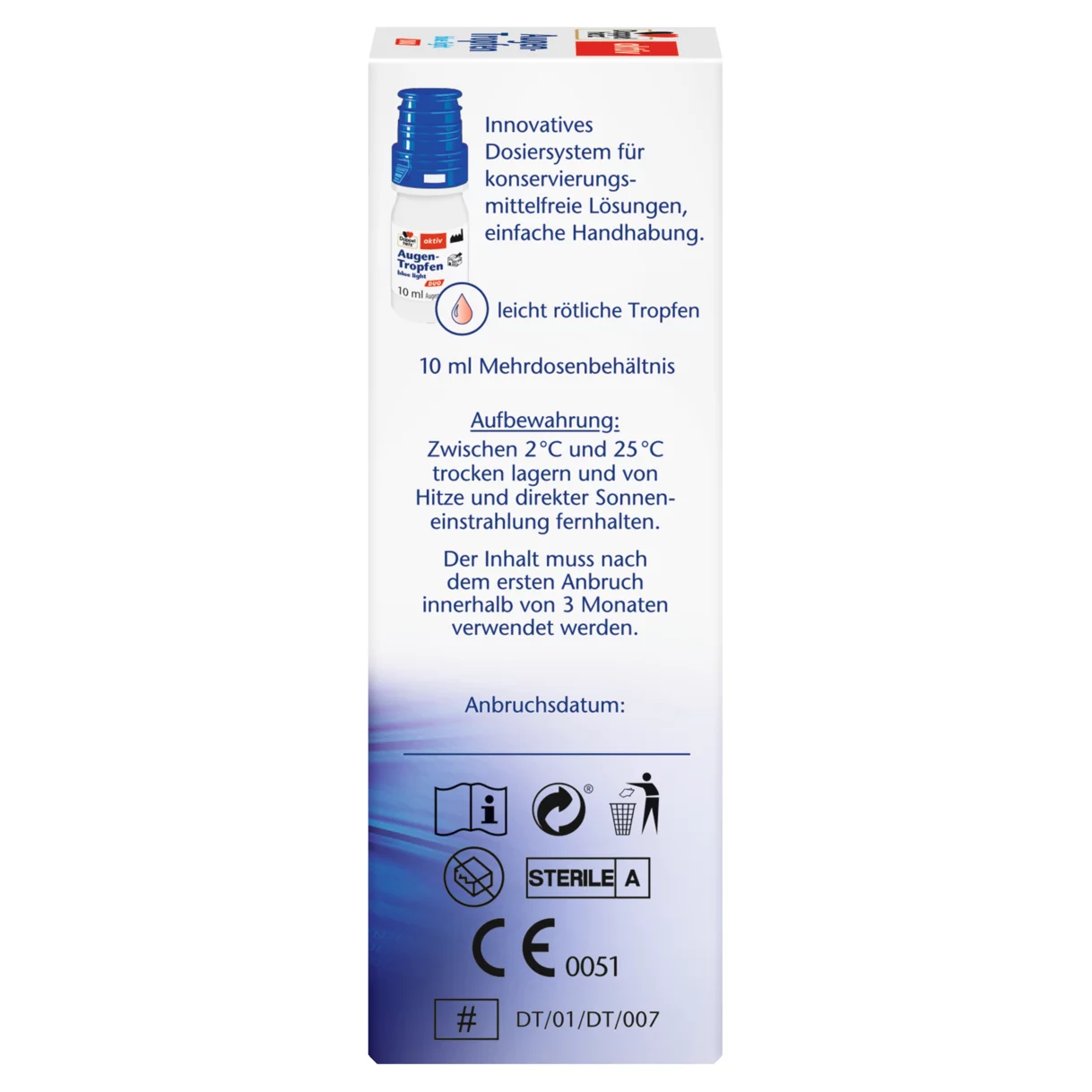 Abbildung der Produktverpackung Doppelherz aktiv Augen-Tropfen blue light DUO Seitenansicht rechts